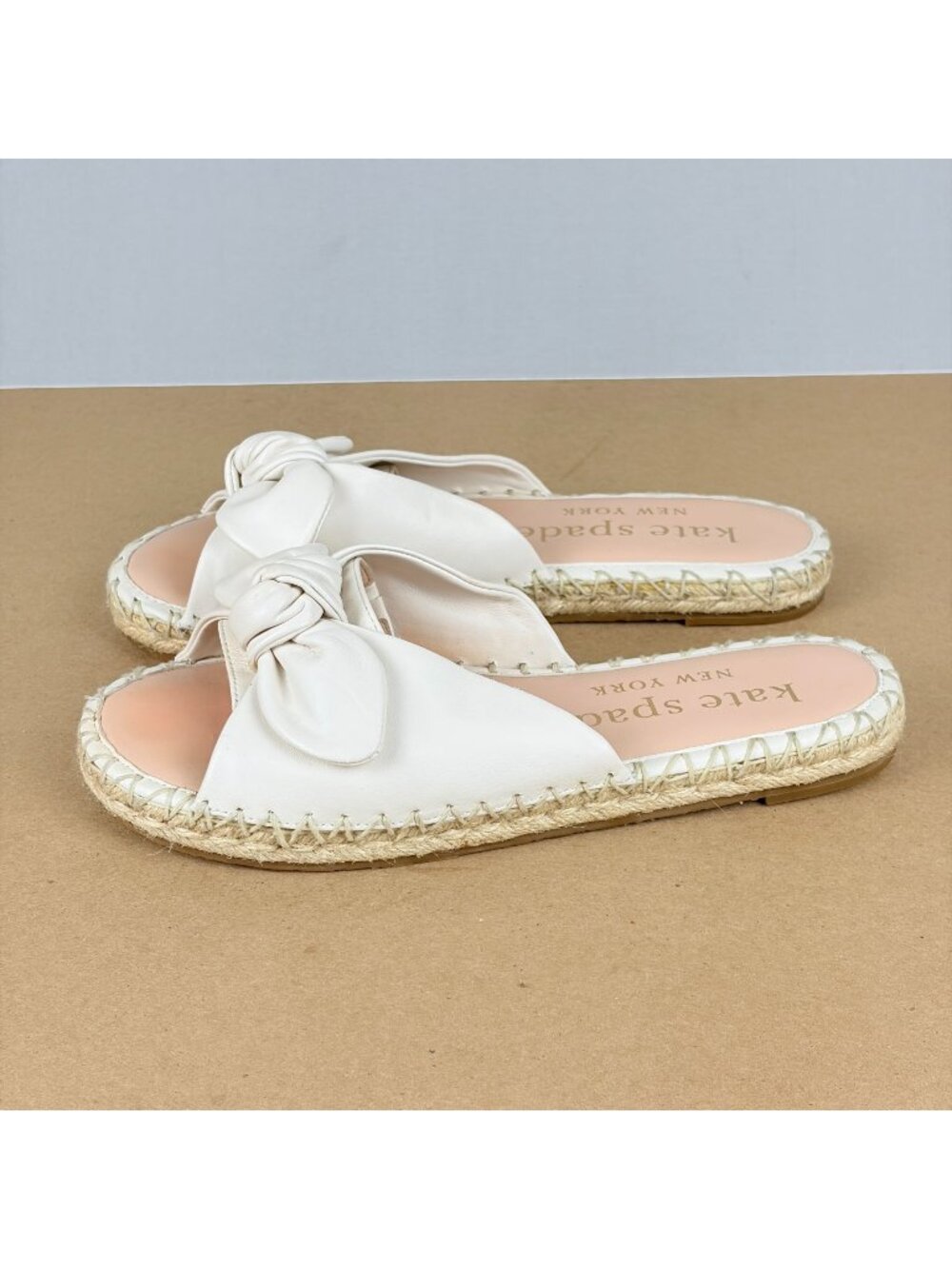 Kate Spade Saltie Shore Leather Bow Sandals Womens 7 White Slip On Espadrille